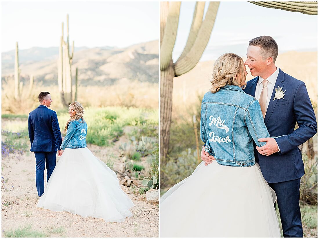 Bride and Groom stand in the middle of a field of saguaro's at Tanque Verde Ranch in Tucson, Az which is nestled against saguaro national park