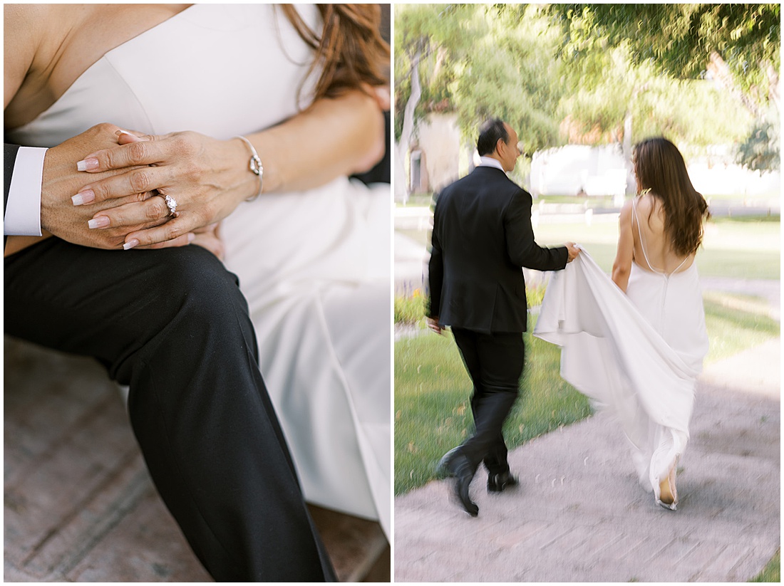 close up of a wedding band and couple walking away from the camera in the 2023 blurry style